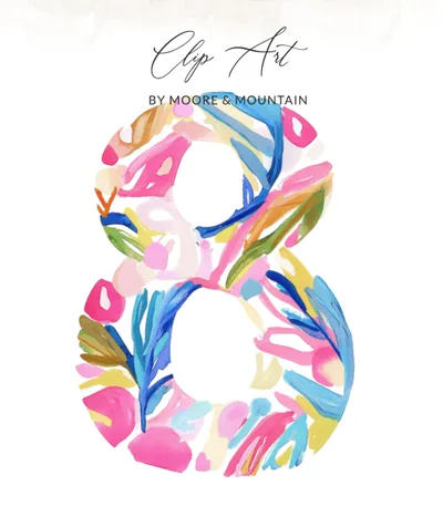 Vibrant Number 8 Watercolor Clipart, Preppy Painted Pink Blue Graphic, Hand Painted PNG Digital Download, Boutique Y2K Aesthetic Art