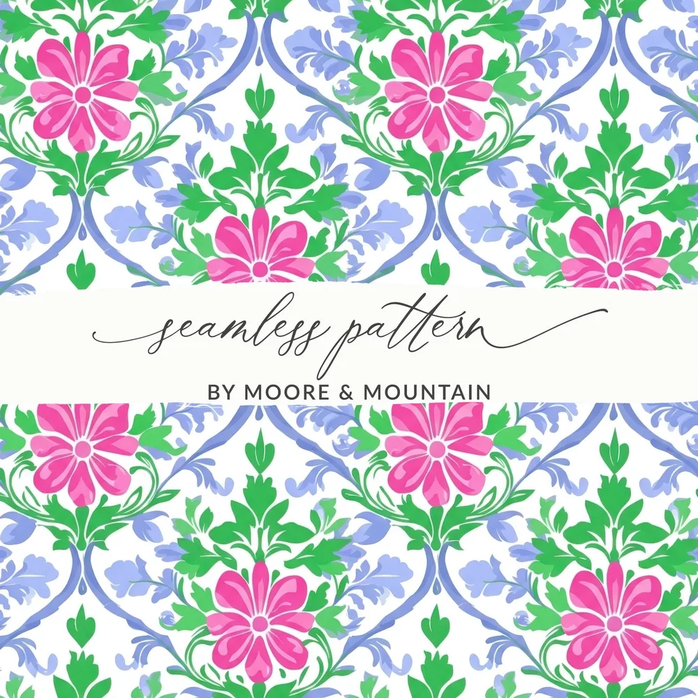 Seamless pattern with pink flowers and blue scrolling foliage.