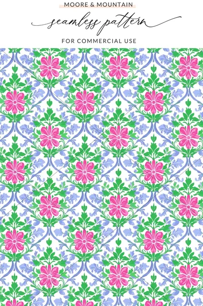 Pink and blue floral damask pattern with a "Moore & Mountain" watermark.