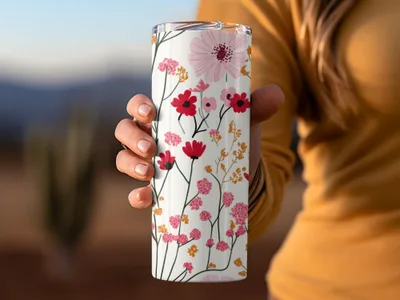 Floral Patterned Drink Tumbler with Pink and Red Flowers