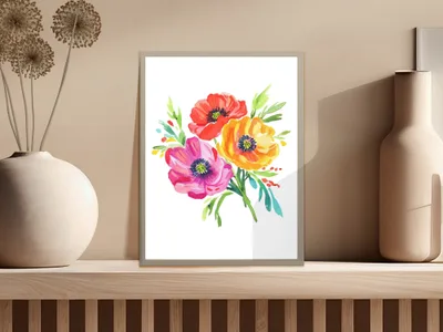 Watercolor painting of vibrant red, pink, and yellow poppies in a vase.