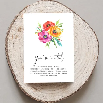 Invitation card with "You're invited" and floral illustration, text below.