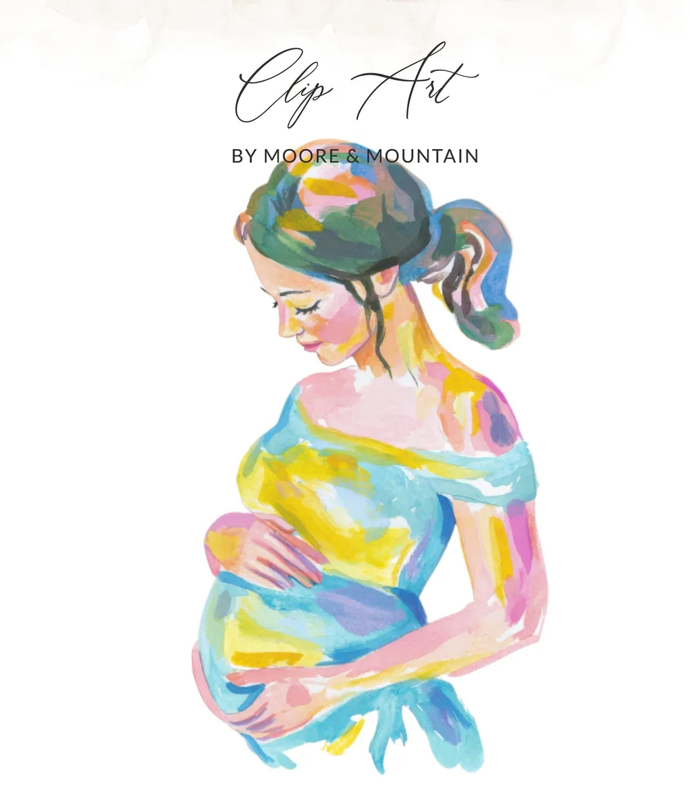 Watercolor illustration of a pregnant woman holding her belly, with "Clip Art by Moore & Mountain" text.