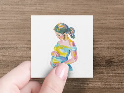 Watercolor illustration of a pregnant woman in a colorful dress, held by a hand.