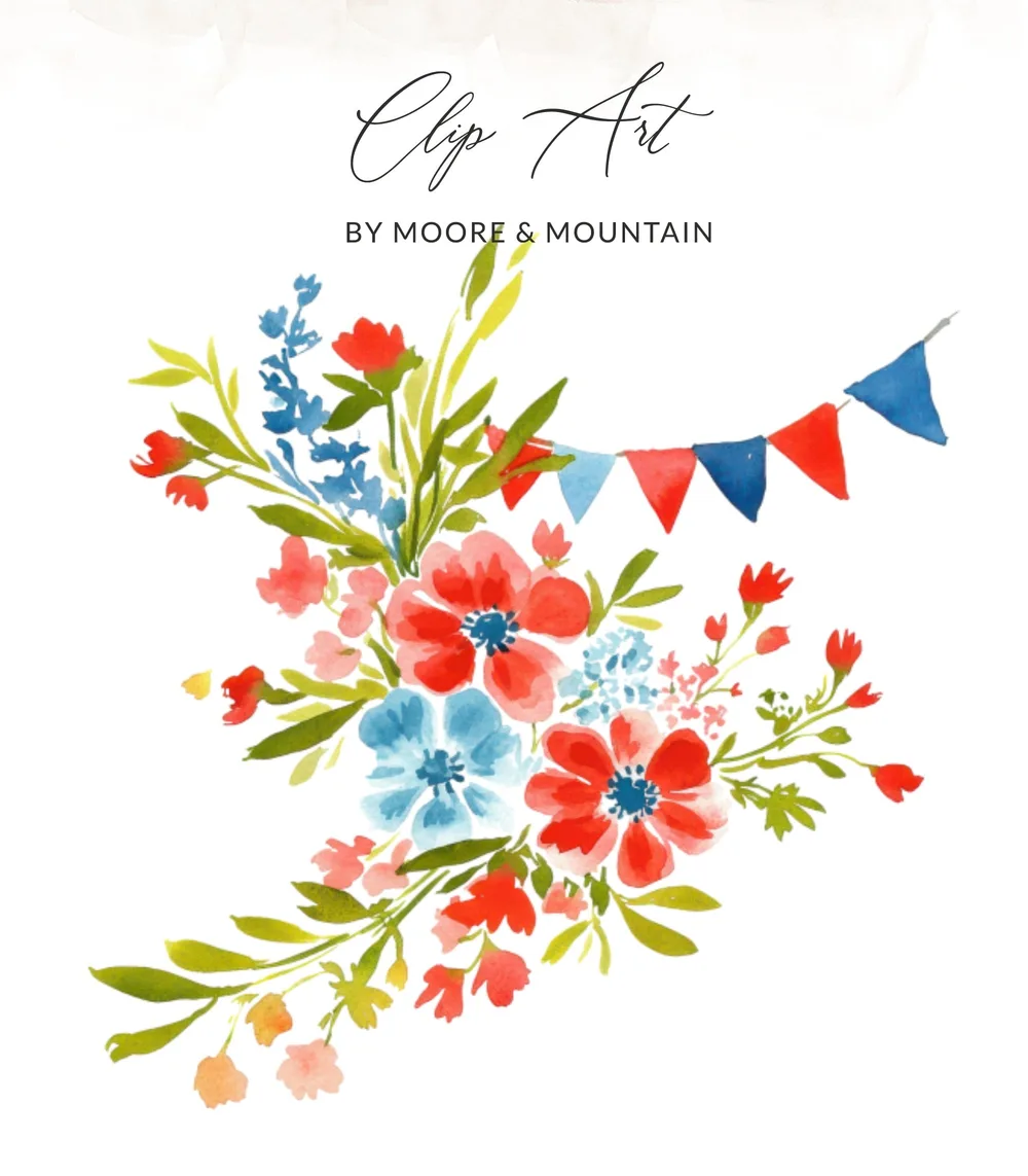 Red and blue floral bouquet with pennant banner, Clip Art by Moore & Mountain.