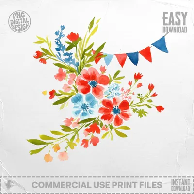 Watercolor floral arrangement with blue and red flags and "Easy Download" text.