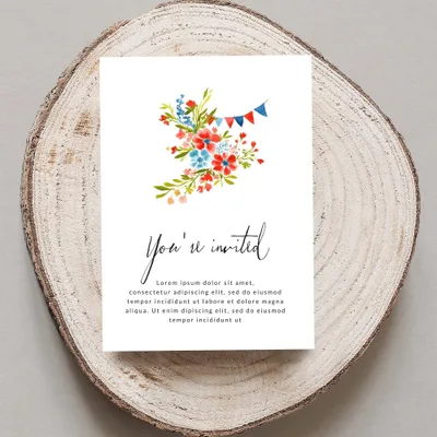 Invitation card with floral design and "You're invited" text.