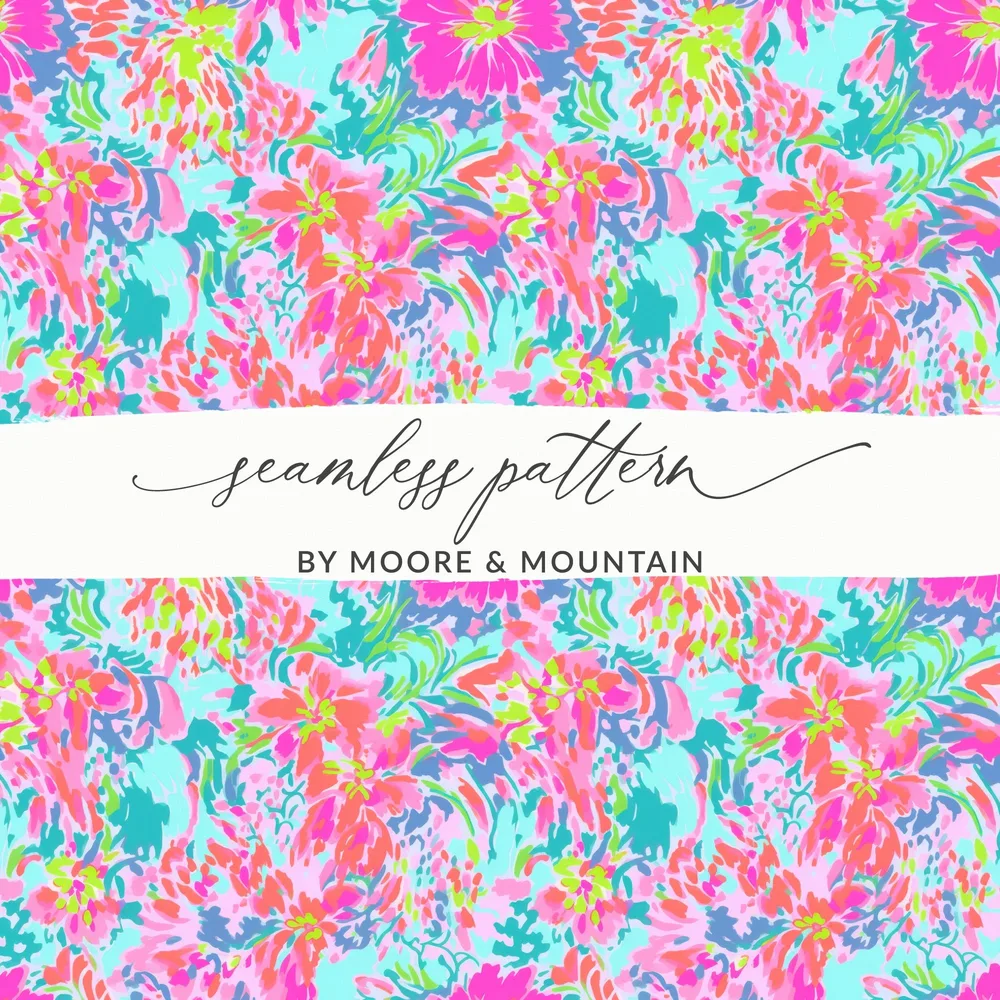 Seamless floral pattern with pink, teal, and blue abstract brushstrokes.