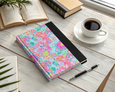 Colorful floral notebook with pen and coffee on a wooden desk.