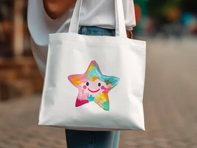 White canvas tote bag with a colorful, smiling star design.