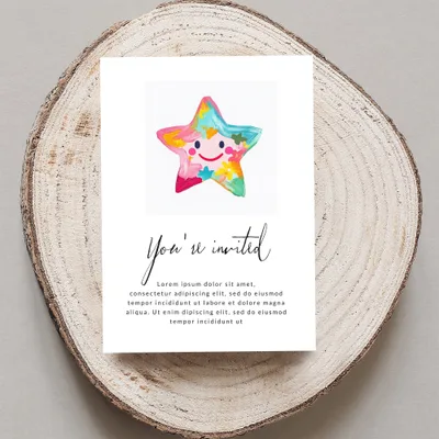 Invitation card with colorful star and "You're invited" text.