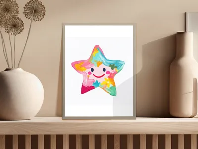 Colorful star drawing with smiley face in a framed artwork.