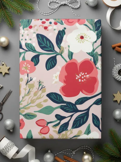 Festive Floral Gift Wrap with Decorative Elements
