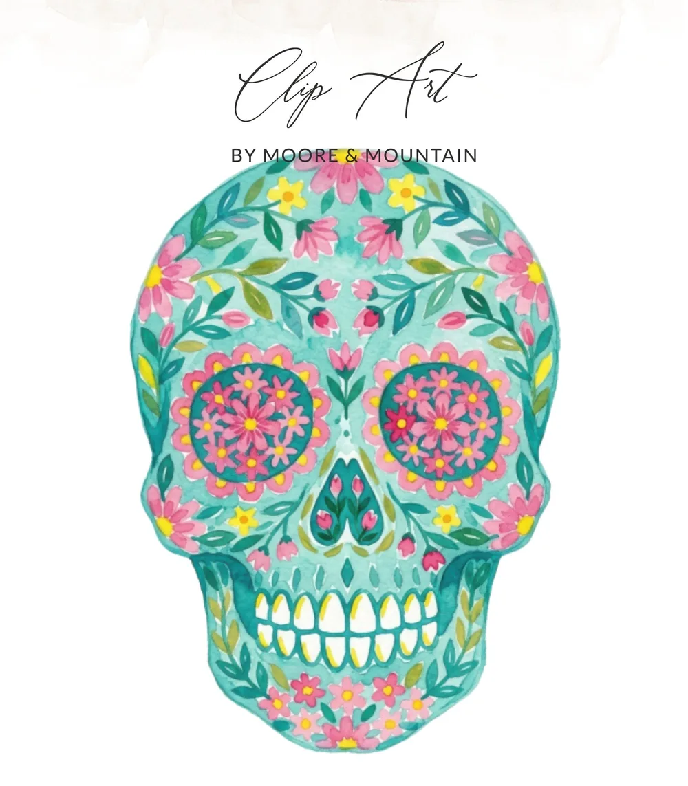 Teal floral skull clip art with pink and yellow flowers and "Clip Art by Moore & Mountain" text.