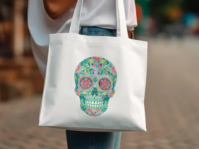White tote bag with colorful floral sugar skull design.