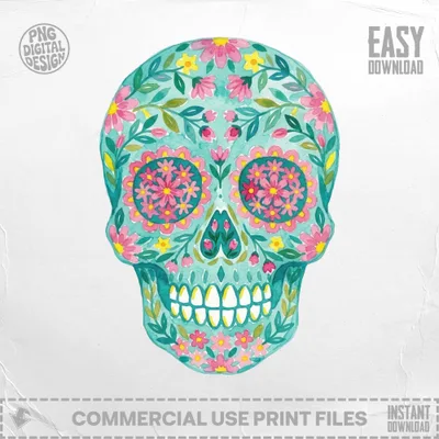 Watercolor skull with floral patterns and text "EASY DOWNLOAD".