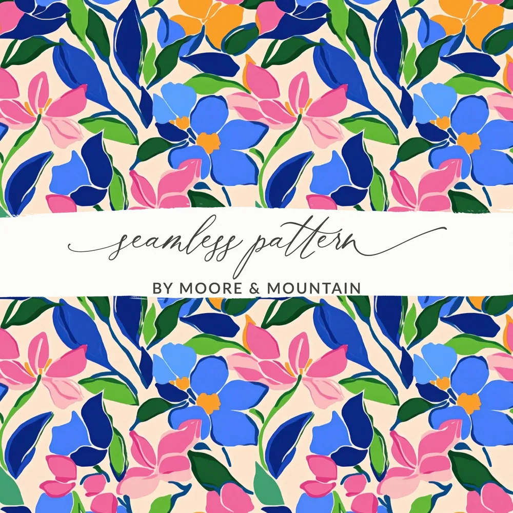 Floral seamless pattern in blue, pink, and orange with "seamless pattern by Moore & Mountain" text.