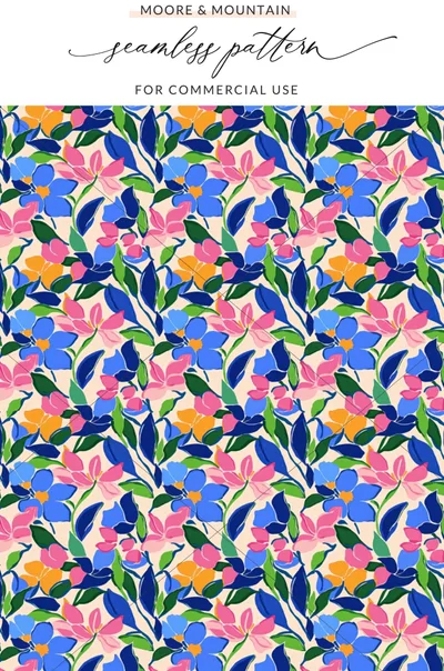 Seamless floral pattern with blue and pink flowers and green leaves.