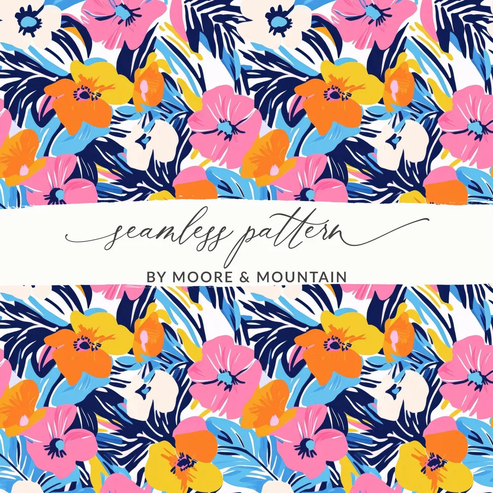 Floral pattern with "seamless pattern by Moore & Mountain" text.