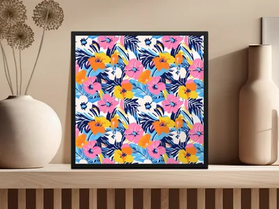 Framed tropical floral art with pink, orange, and blue flowers.