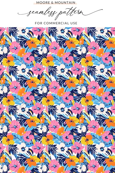 Colorful floral pattern with pink, orange, blue, and yellow flowers and dark leaves.
