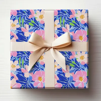 Vibrant Tropical Floral Seamless Pattern Digital Download, Preppy Bright Flower Repeat Pattern, Summer Blues Pink Green Digital Paper