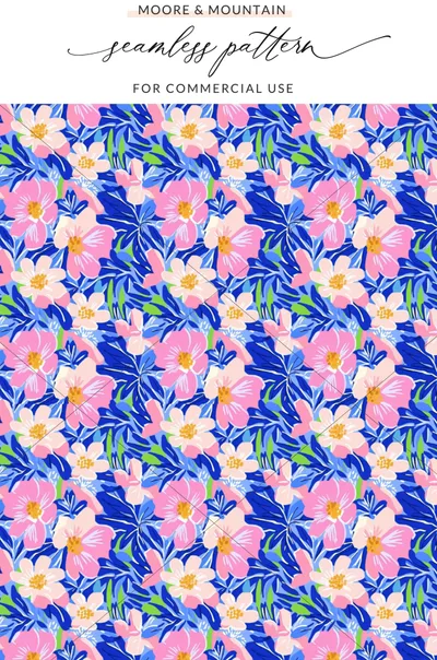 Floral pattern with pink flowers and blue leaves on a white background.