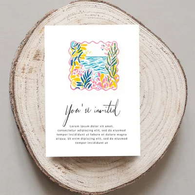 Invitation with floral border, reads "You're invited" and placeholder text.