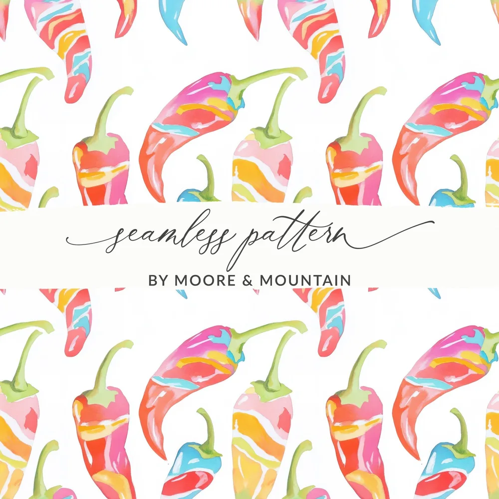 Seamless pattern of colorful chili peppers with "seamless pattern by Moore & Mountain" text.