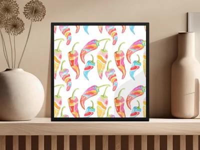 Colorful watercolor chili peppers pattern in a black frame.