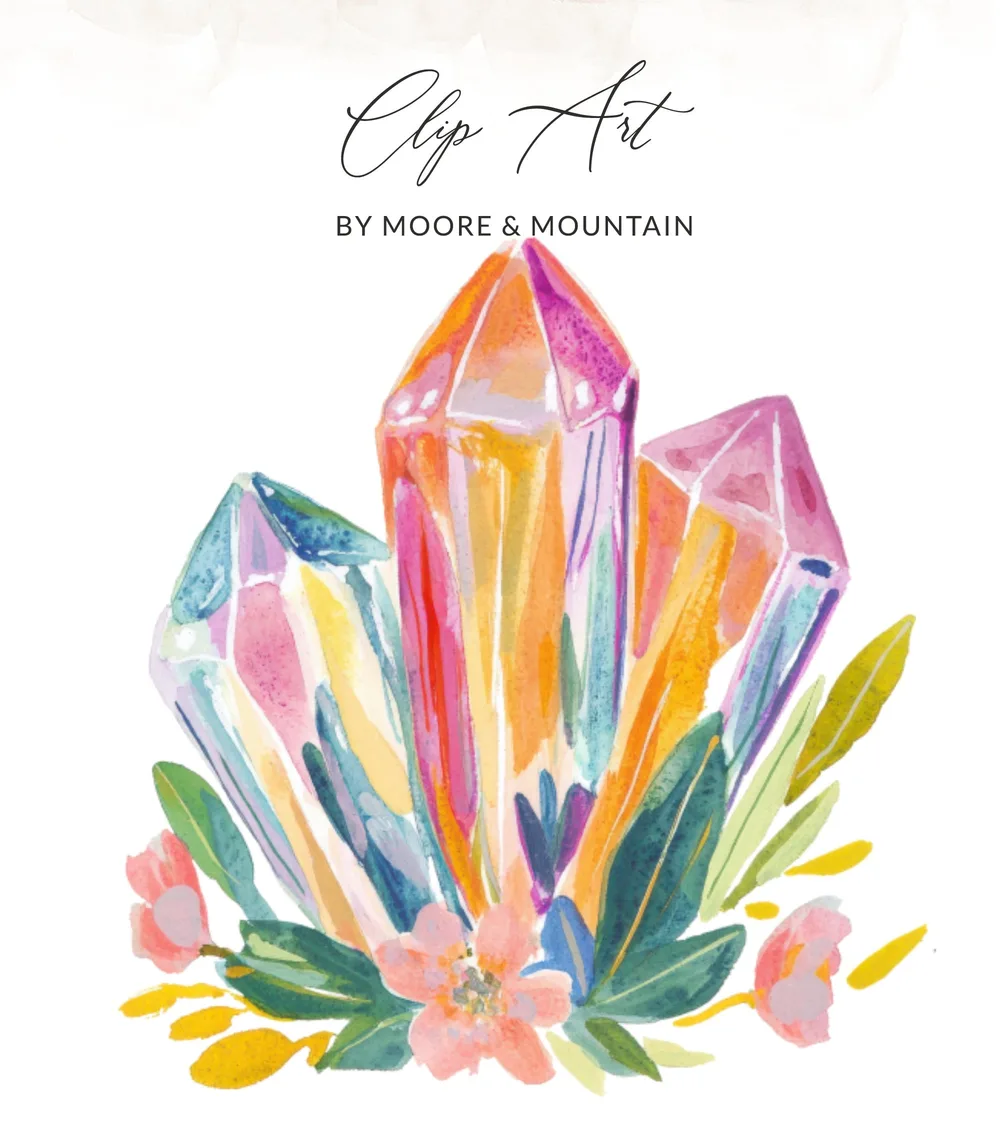 Watercolor crystals with flowers and leaves, "Clip Art by Moore & Mountain".