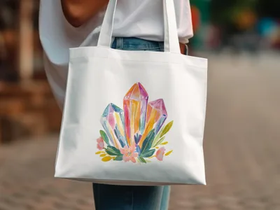 White tote bag with watercolor illustration of colorful crystals and foliage.