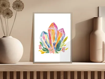 Watercolor painting of colorful crystals with flowers and leaves.
