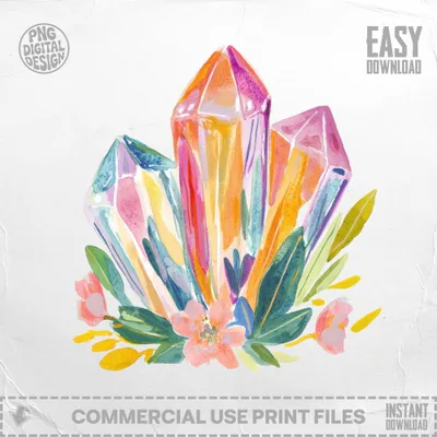Watercolor crystals with flowers and leaves, digital download.