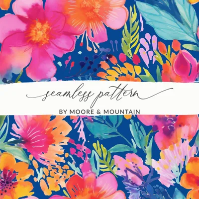 Vibrant Watercolor Floral Digital Paper, Seamless Pattern, Bright Tropical Botanical Design, Pink Orange Blooms, Deep Blue Background Art