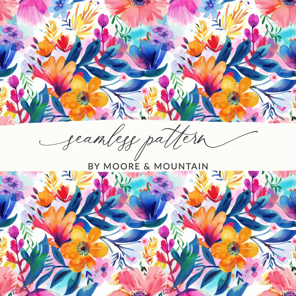 Vibrant Floral seamless pattern BY MOORE & MOUNTAIN product type
seamless pattern, watercolor floral, vibrant flowers, colorful design, abstract art, botanical print, Moore Mountain, digital paper, fabric design, surface pattern, artistic print, summer flowers, spring blooms, bright colors, artistic pattern, nature inspired, hand painted, floral artwork, textile pattern, creative design