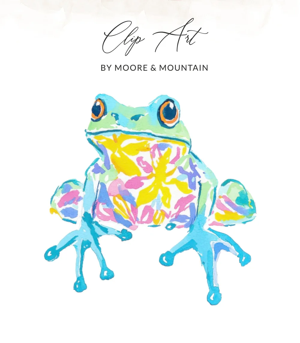 Watercolor frog illustration with colorful abstract floral pattern and text "Clip Art".