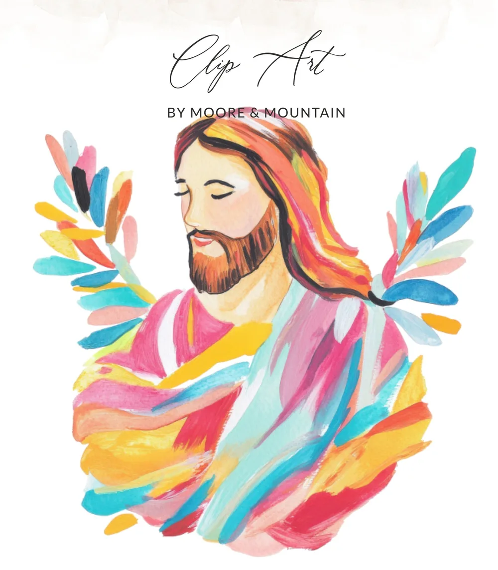 Jesus figure with colorful brushstrokes and abstract branches.