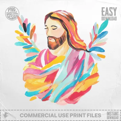 Jesus with colorful, abstract wings, painted in a vibrant style.