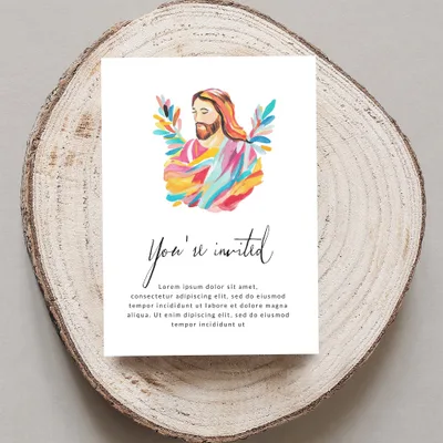 Watercolor invitation with colorful Jesus figure and "You're invited" text.