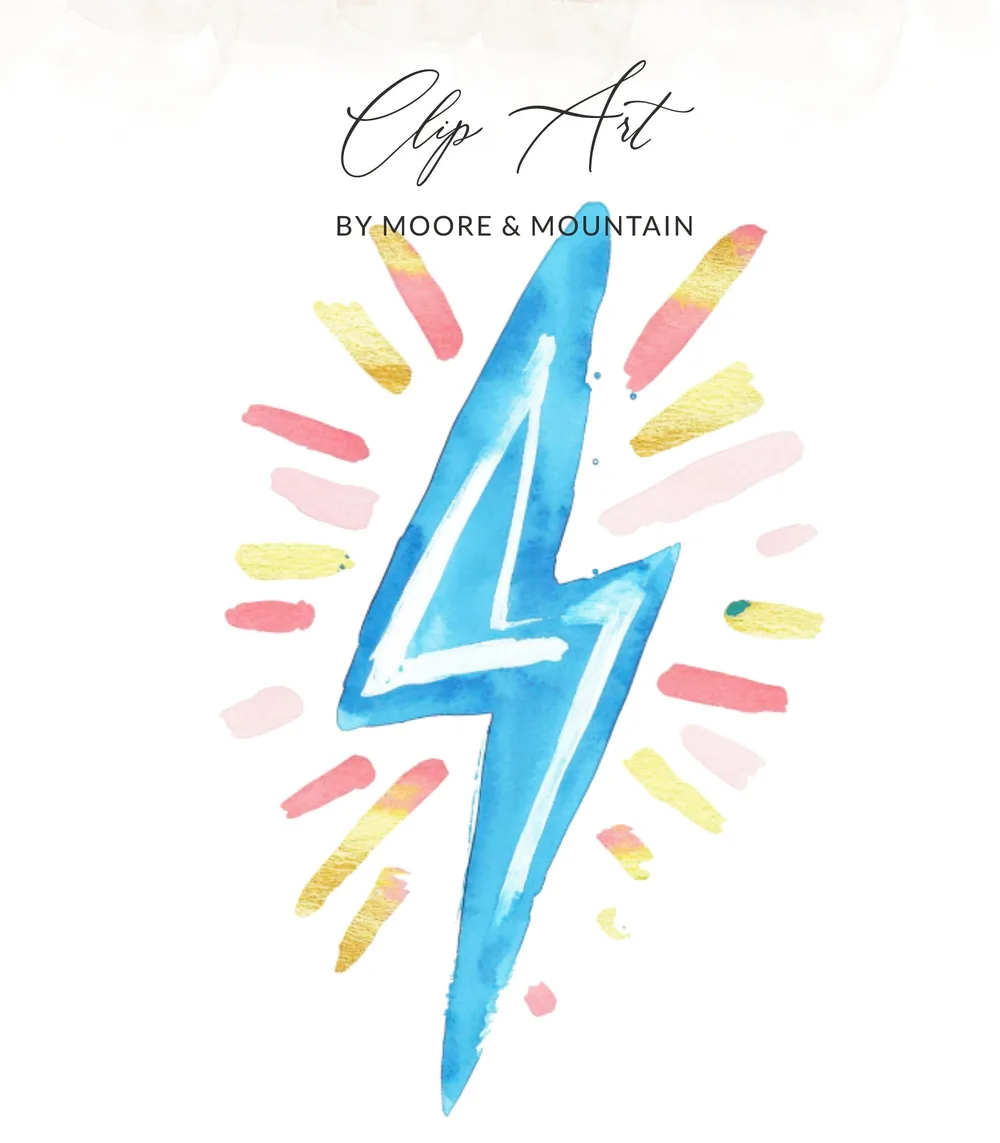 Blue watercolor lightning bolt with pink and gold streaks.