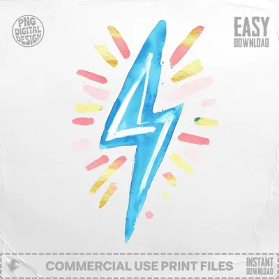 Blue watercolor lightning bolt with pink and gold radiating lines.