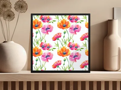 Square frame with a vibrant watercolor poppy floral pattern.