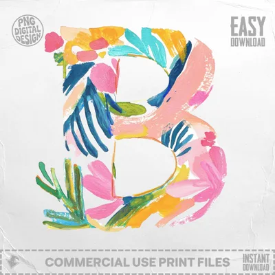 Vibrant Watercolor Preppy Letter B Digital Clipart, Tropical Floral Alphabet PNG, Painterly Neon SVG, Y2K Girly Boutique Graphic, Instant