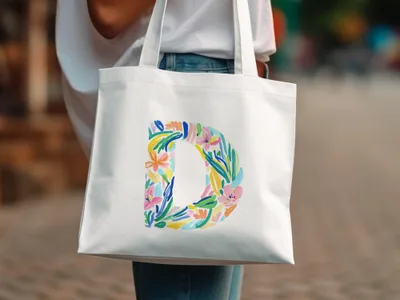 White tote bag with colorful floral letter D graphic.