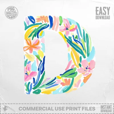 Letter D in colorful watercolor floral design, "Easy Download" text at top right.