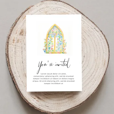 Invitation with watercolor stained glass window and calligraphy.