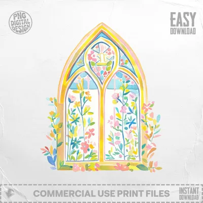 Watercolor illustration of a stained glass window with floral motifs.