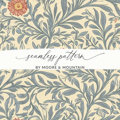 Victorian Vines and Flowers Seamless William Morris Vines Background Blue and Red Digital