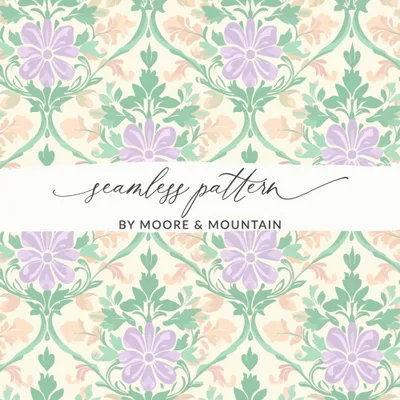 Vintage Floral Seamless Pattern JPEG, Cottagecore Digital Paper, Pastel Damask Print, Lavender Green Peach Wallpaper Background, Scrapbook